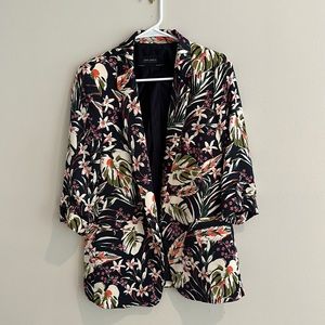 Zara floral blazer, satin texture, open front rolled sleeve